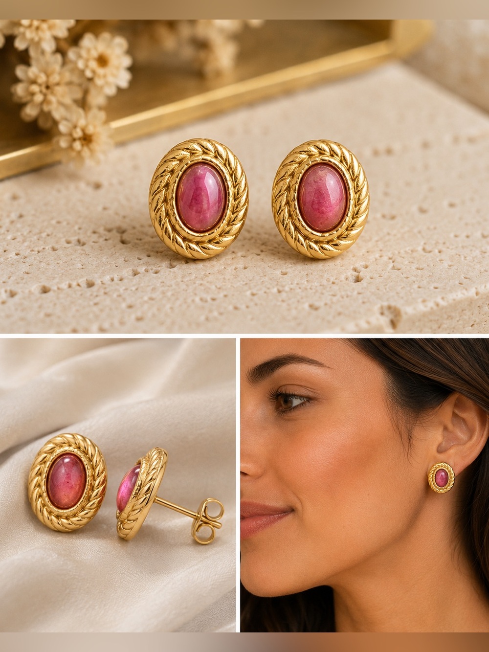 Elegant Gold and Pink Stud Earrings
